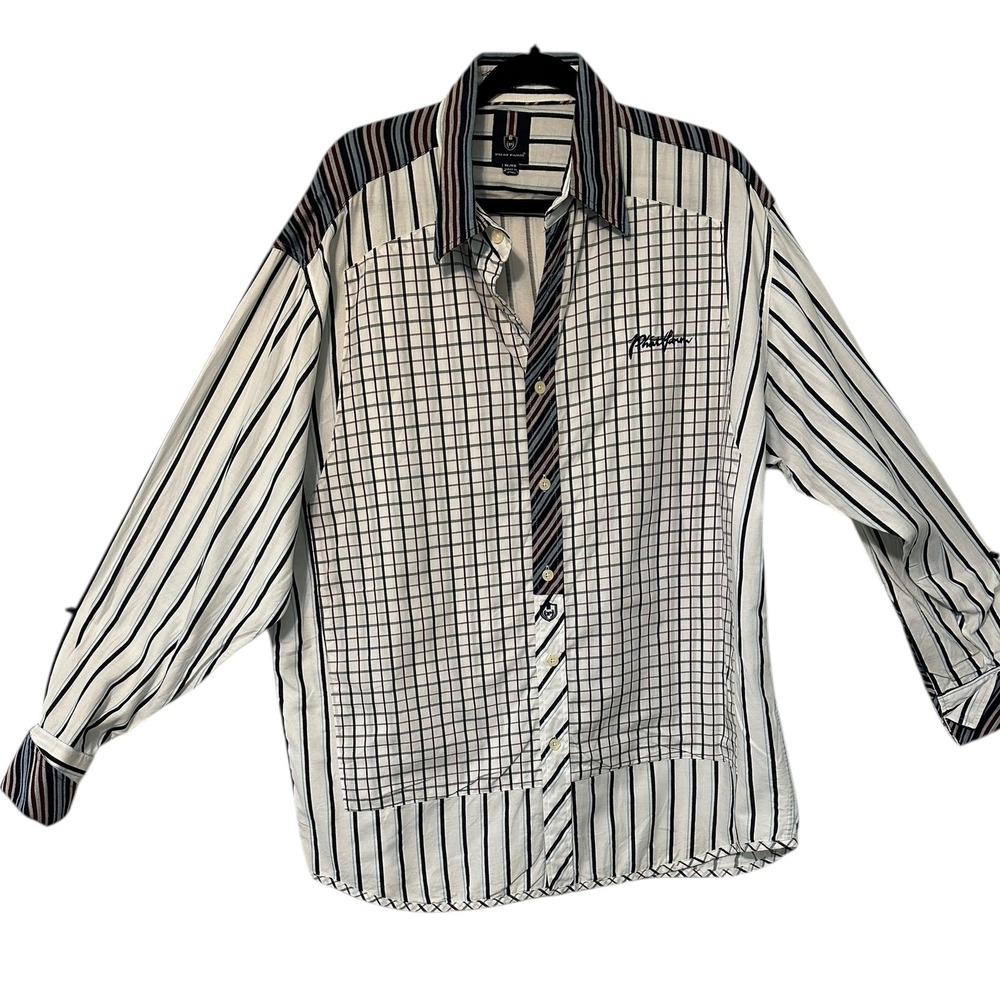 Phat Farm Mens XL Button Up Shirt Multi Stripe Plaid Graphic Print Casual